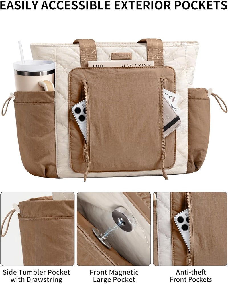 Bagstellar Puffer Tote Bag for Women, Lightweight Puffy Work Laptop Handbag Teacher Nurse Quilted School Daily Travel Gym Bag | Durable, with Zipper, 15.6" Laptop Sleeve, Large Tumbler Holder, Daily Carry On Bags, Comfy College Bags, Portable, Spacious - Image 4